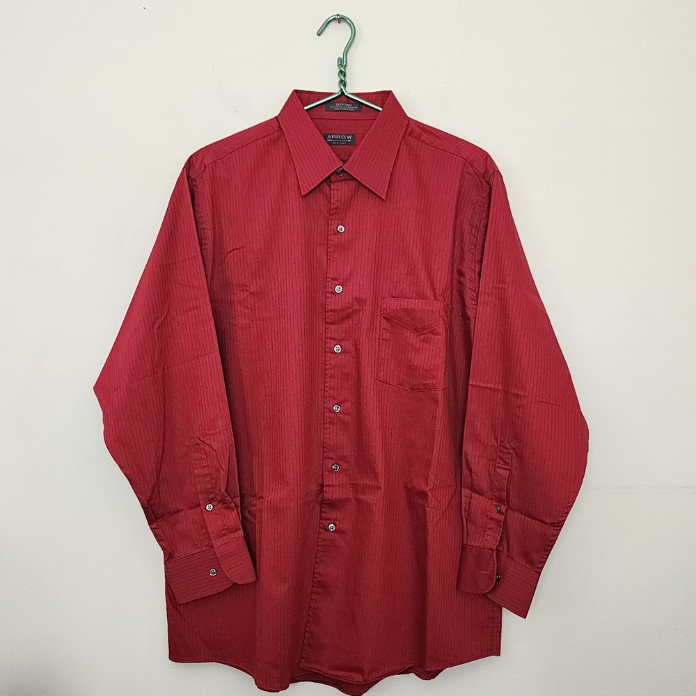 Arrow Mens Red Satin Twill Dress Shirt Wrinkle Free 16.5 32-33 Large‎ Party
